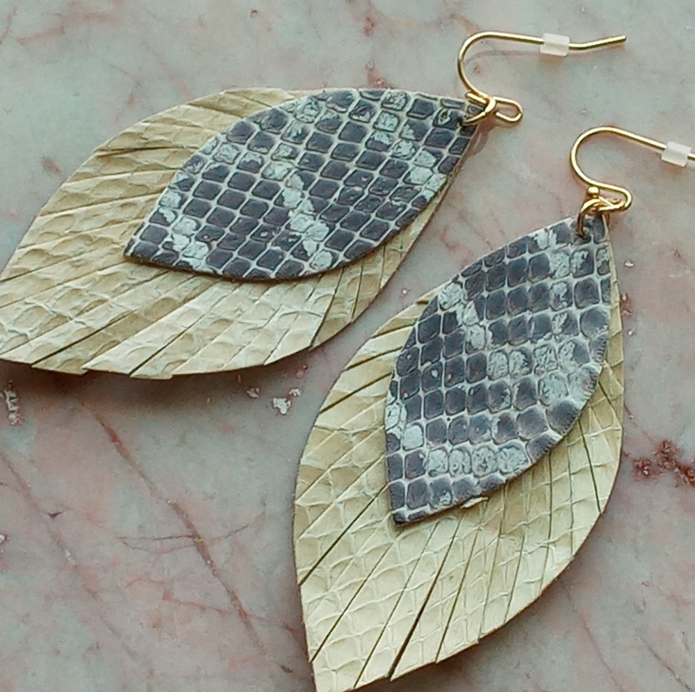 Genuine leather snake print earrings
